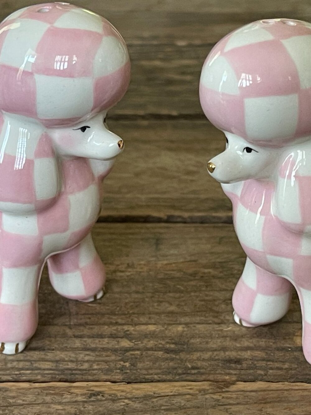 MacKenzie-Childs Rosy Check Poodle Salt Pepper Set-NEW-Theme: pink poodle parlor - Picture 7 of 14